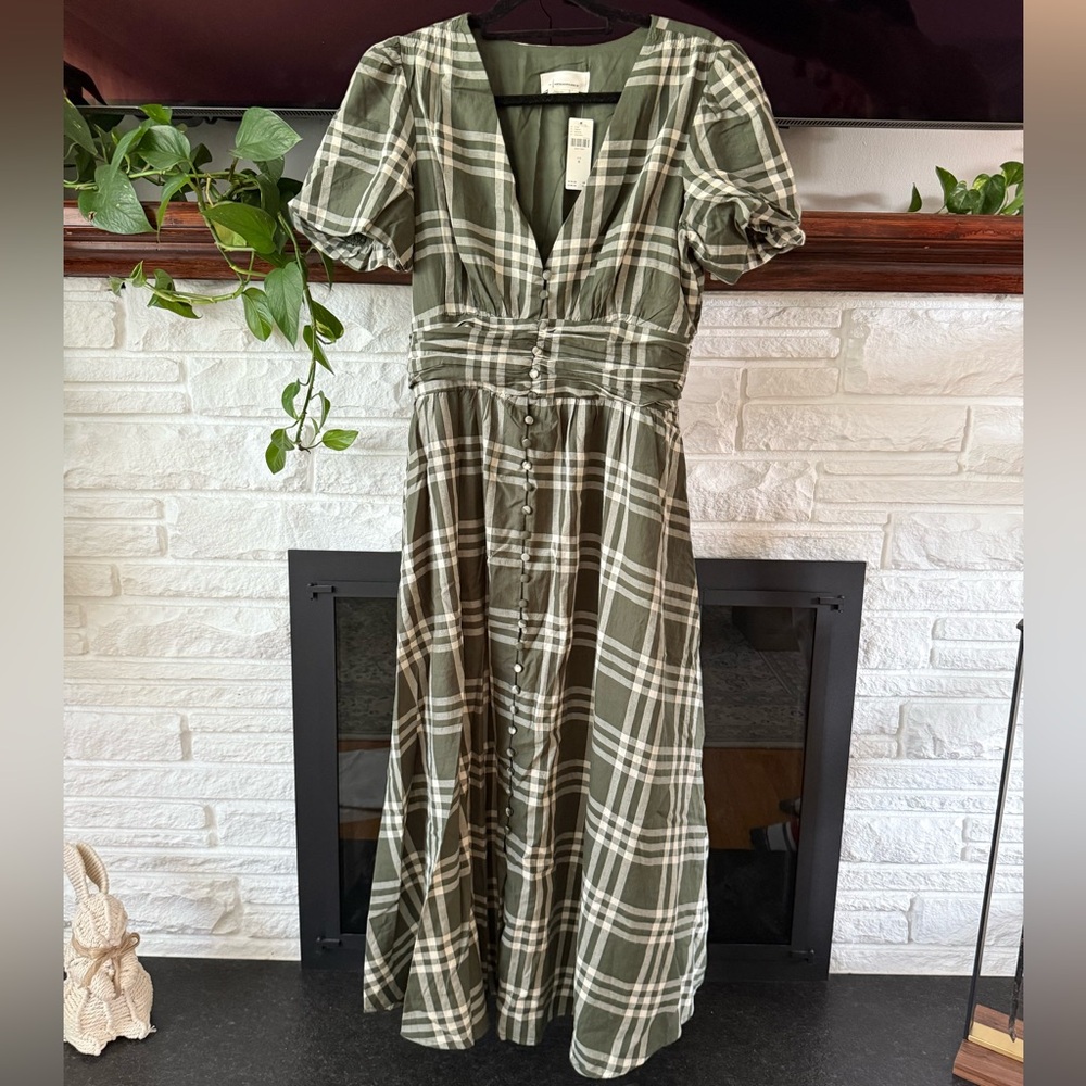Anthropologie Green Puff Sleeve Wrap Midi Dress